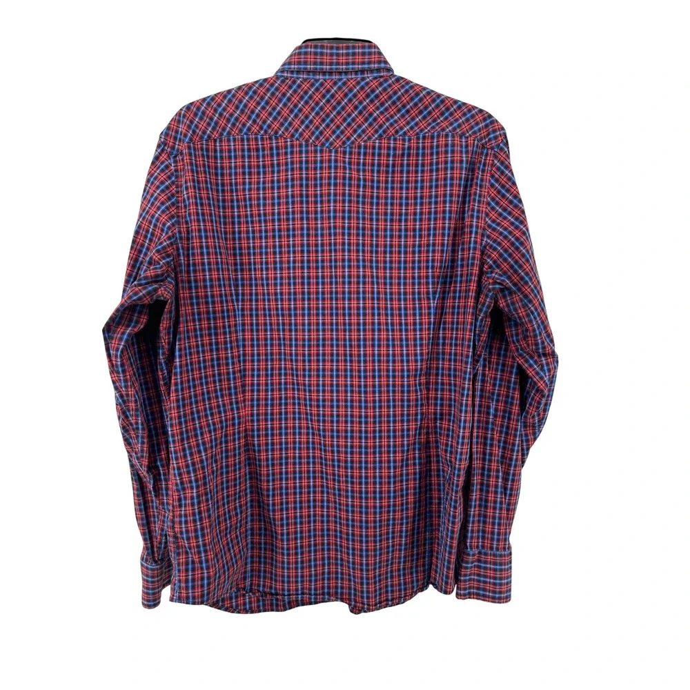 Banana Republic Mens Slim Fit Western Plaid Snap Front Shirt Red Blue‎ L V/1204